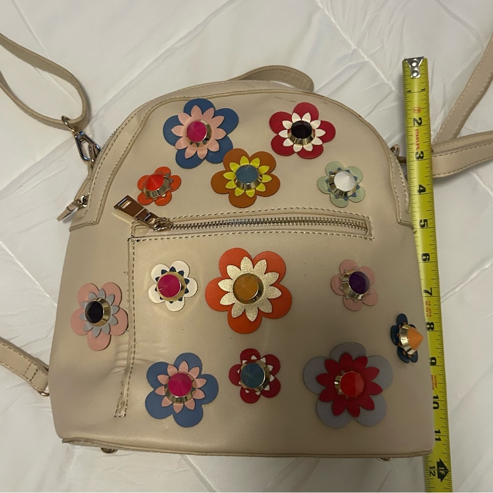 Floral Embellished Cream Boho Mini Backpack - Picture 15 of 16